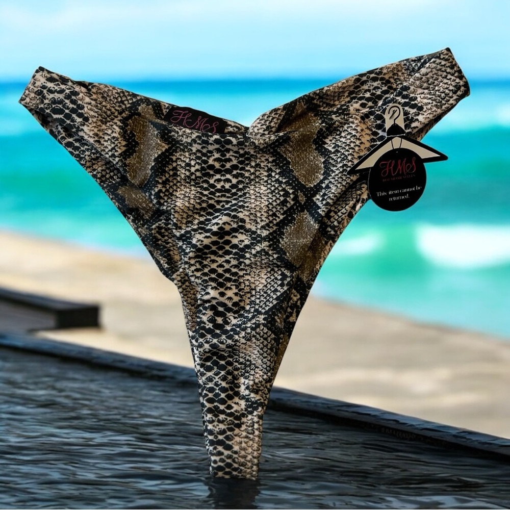 Hot Miami Styles Brown Snake Print Ruched Bust Scrunch Butt bikini NWT